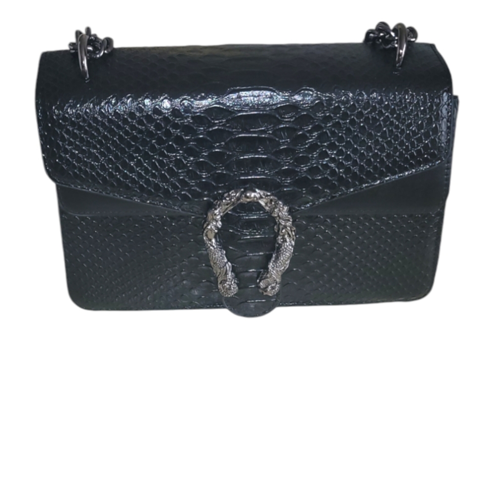 Black Snakeskin Shoulder Bag with Chain Strap